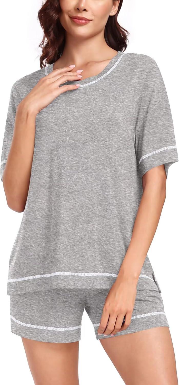 imageSWOMOG Womens Pajama Sets 2 Piece Short Sleeve Sleepwear Sets Soft Top and Shorts Pjs Lounge Sets with Pockets SXXLModalgrey