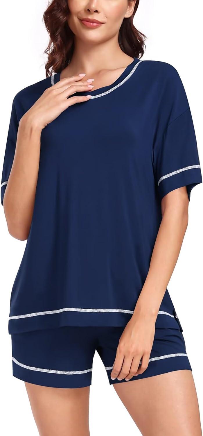 imageSWOMOG Womens Pajama Sets 2 Piece Short Sleeve Sleepwear Sets Soft Top and Shorts Pjs Lounge Sets with Pockets SXXLModalnavy Blue