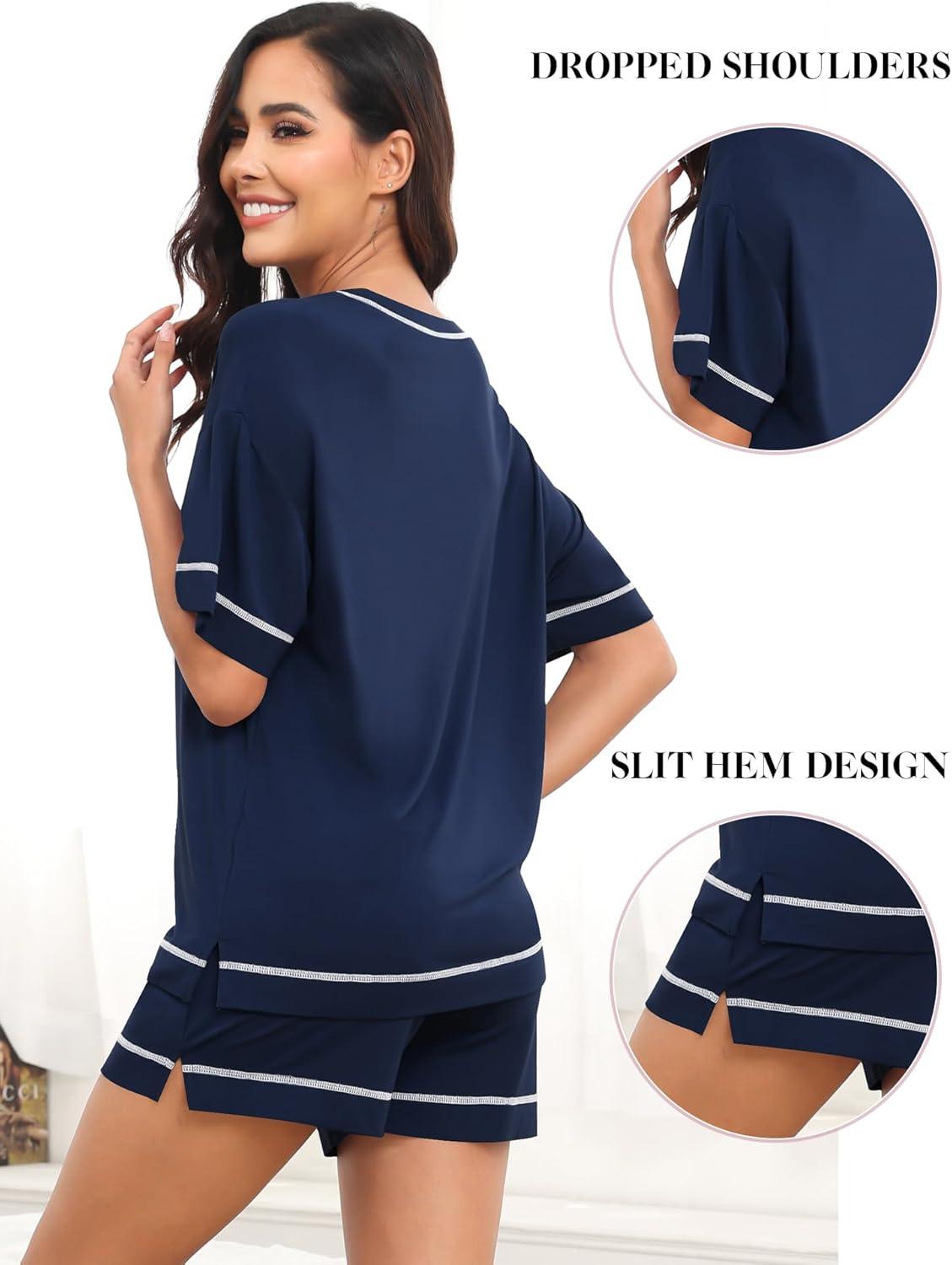 imageSWOMOG Womens Pajama Sets 2 Piece Short Sleeve Sleepwear Sets Soft Top and Shorts Pjs Lounge Sets with Pockets SXXLModalnavy Blue