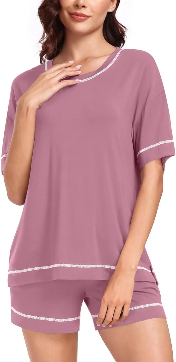 imageSWOMOG Womens Pajama Sets 2 Piece Short Sleeve Sleepwear Sets Soft Top and Shorts Pjs Lounge Sets with Pockets SXXLModaltaro Purple