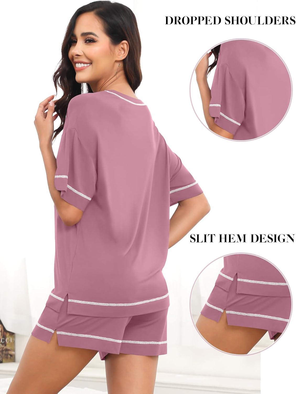 imageSWOMOG Womens Pajama Sets 2 Piece Short Sleeve Sleepwear Sets Soft Top and Shorts Pjs Lounge Sets with Pockets SXXLModaltaro Purple