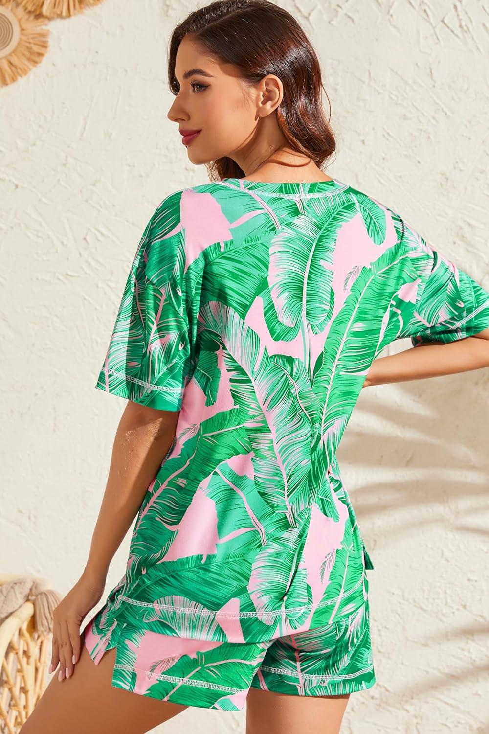 imageSWOMOG Womens Pajama Sets 2 Piece Short Sleeve Sleepwear Sets Soft Top and Shorts Pjs Lounge Sets with Pockets SXXLPink Leaves