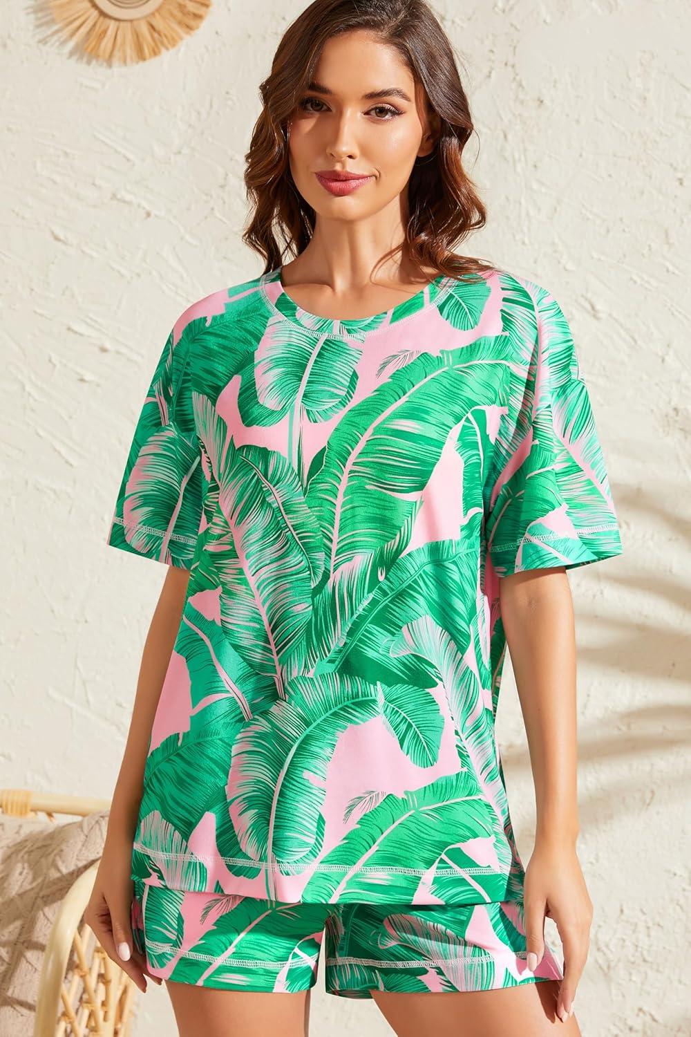 imageSWOMOG Womens Pajama Sets 2 Piece Short Sleeve Sleepwear Sets Soft Top and Shorts Pjs Lounge Sets with Pockets SXXLPink Leaves