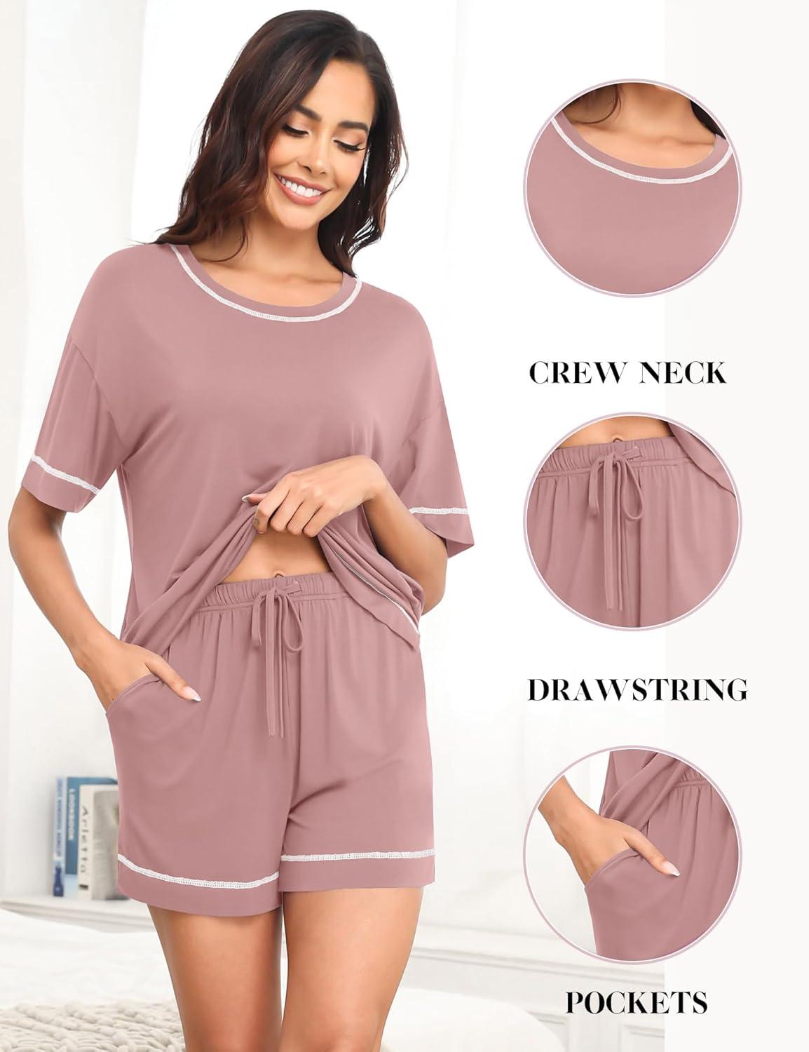imageSWOMOG Womens Pajama Sets 2 Piece Short Sleeve Sleepwear Sets Soft Top and Shorts Pjs Lounge Sets with Pockets SXXLTaro Purple