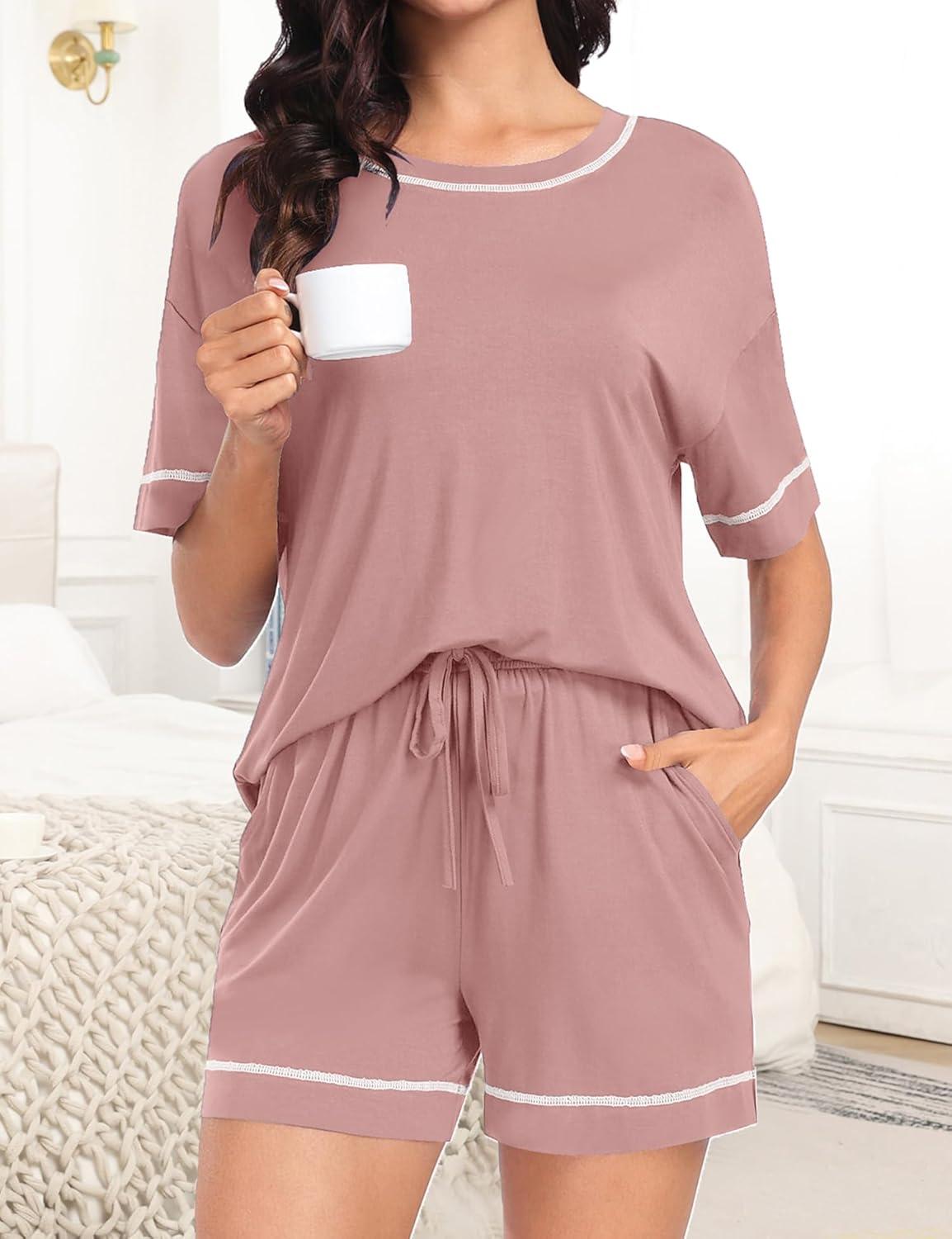 imageSWOMOG Womens Pajama Sets 2 Piece Short Sleeve Sleepwear Sets Soft Top and Shorts Pjs Lounge Sets with Pockets SXXLTaro Purple