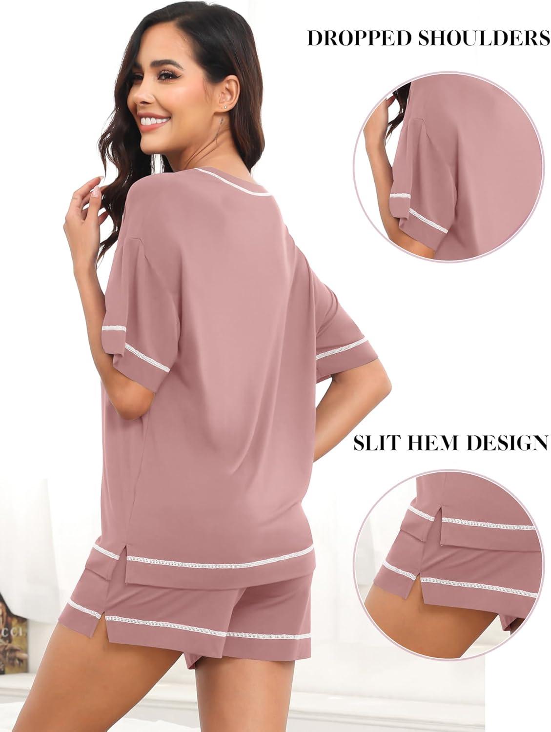 imageSWOMOG Womens Pajama Sets 2 Piece Short Sleeve Sleepwear Sets Soft Top and Shorts Pjs Lounge Sets with Pockets SXXLTaro Purple