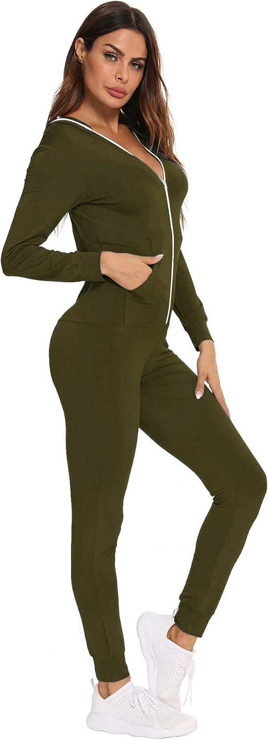 imageSWOMOG Womens Pajamas Jumpsuits Zipup Hoodie Union Jumpsuit Romper Long Sleeve Sexy Onesie Bodysuits One Piece SleepwearArmy Green