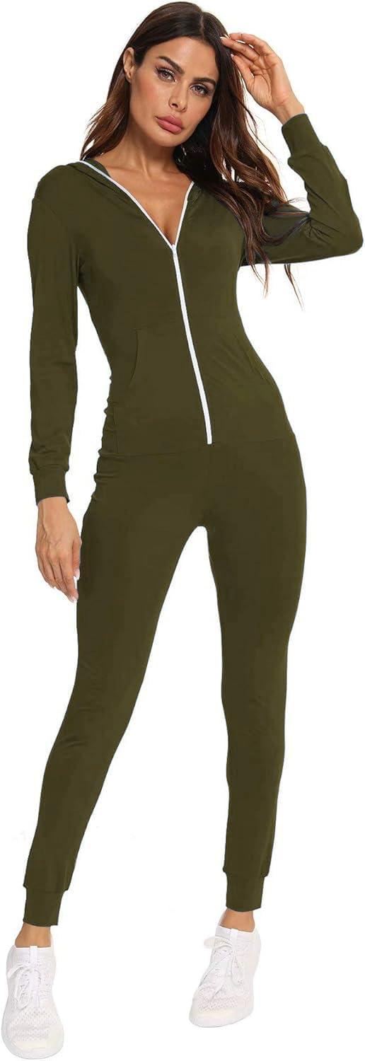 imageSWOMOG Womens Pajamas Jumpsuits Zipup Hoodie Union Jumpsuit Romper Long Sleeve Sexy Onesie Bodysuits One Piece SleepwearArmy Green