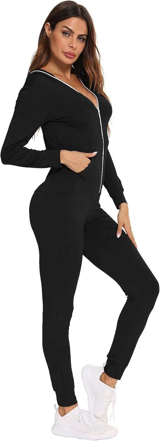imageSWOMOG Womens Pajamas Jumpsuits Zipup Hoodie Union Jumpsuit Romper Long Sleeve Sexy Onesie Bodysuits One Piece SleepwearBlack