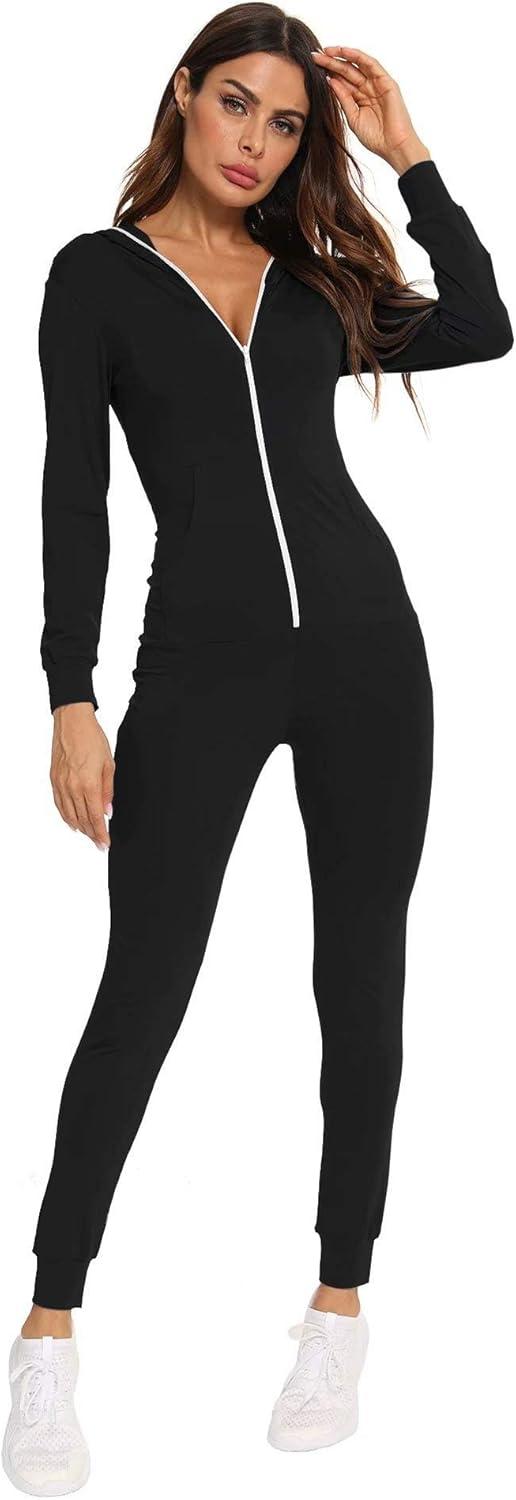 imageSWOMOG Womens Pajamas Jumpsuits Zipup Hoodie Union Jumpsuit Romper Long Sleeve Sexy Onesie Bodysuits One Piece SleepwearBlack