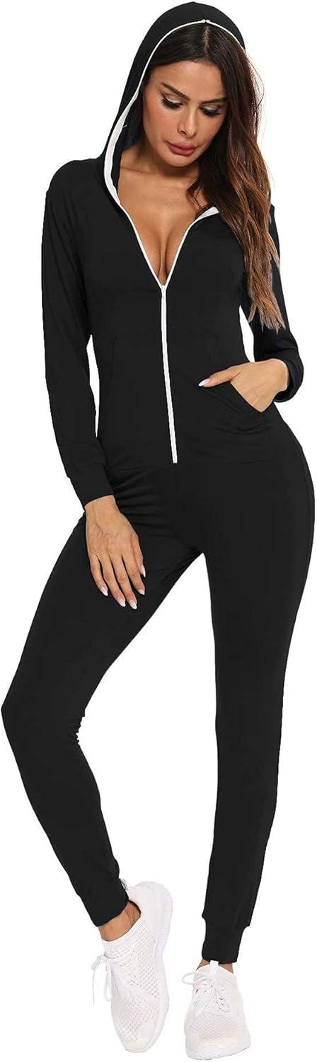 imageSWOMOG Womens Pajamas Jumpsuits Zipup Hoodie Union Jumpsuit Romper Long Sleeve Sexy Onesie Bodysuits One Piece SleepwearBlack