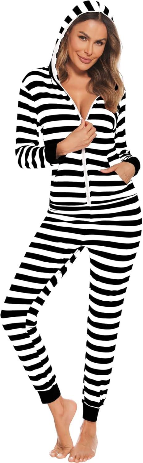 imageSWOMOG Womens Pajamas Jumpsuits Zipup Hoodie Union Jumpsuit Romper Long Sleeve Sexy Onesie Bodysuits One Piece SleepwearBlack and White Striped