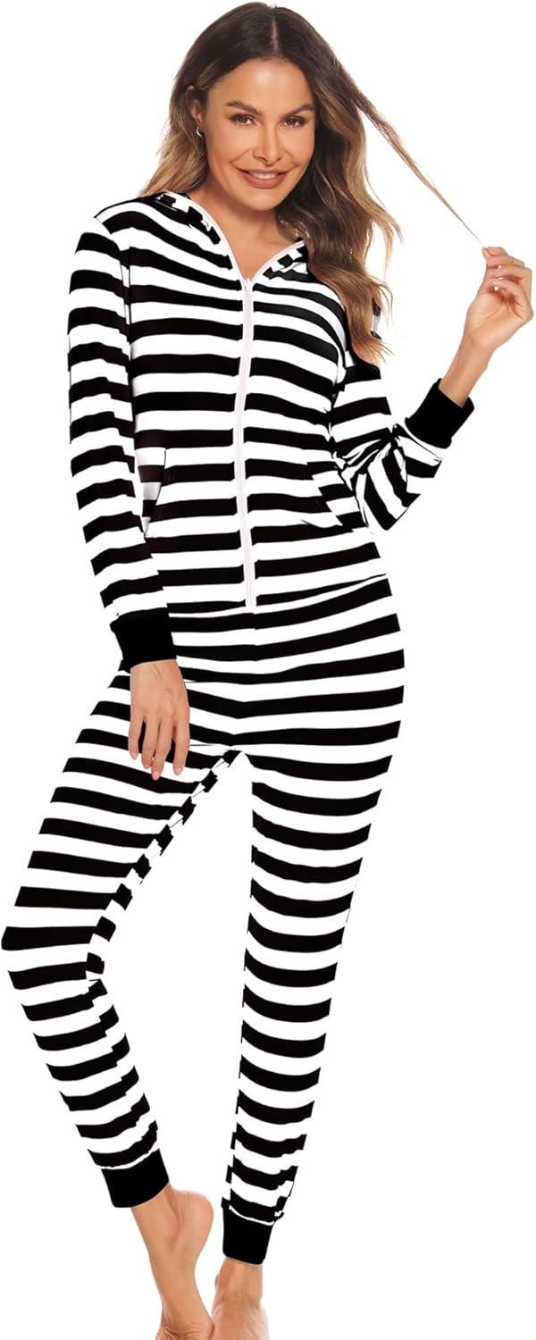 imageSWOMOG Womens Pajamas Jumpsuits Zipup Hoodie Union Jumpsuit Romper Long Sleeve Sexy Onesie Bodysuits One Piece SleepwearBlack and White Striped