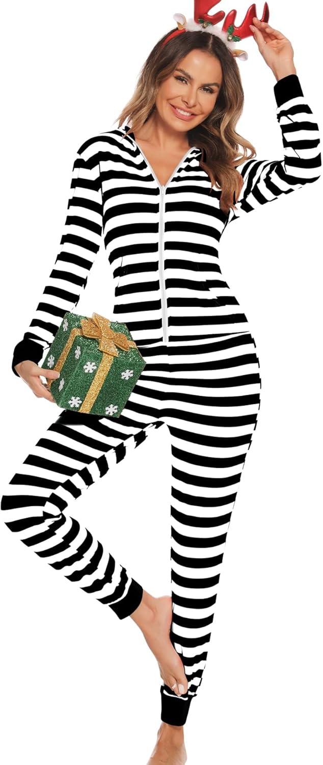 imageSWOMOG Womens Pajamas Jumpsuits Zipup Hoodie Union Jumpsuit Romper Long Sleeve Sexy Onesie Bodysuits One Piece SleepwearBlack and White Striped