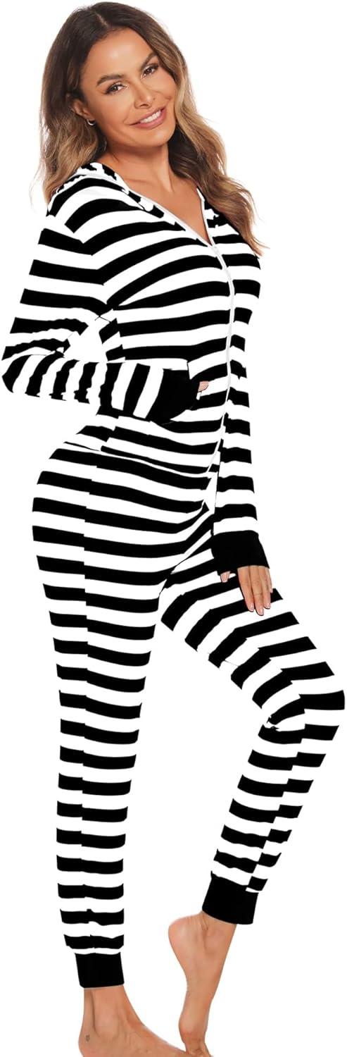 imageSWOMOG Womens Pajamas Jumpsuits Zipup Hoodie Union Jumpsuit Romper Long Sleeve Sexy Onesie Bodysuits One Piece SleepwearBlack and White Striped