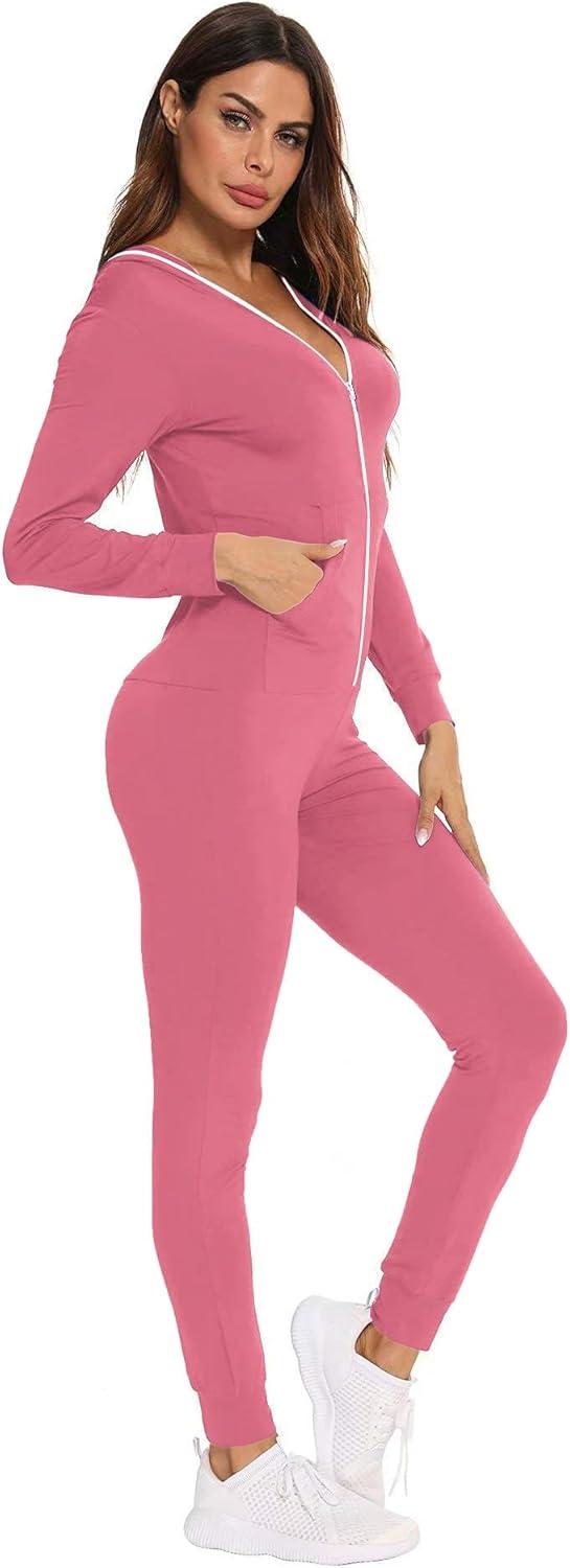 imageSWOMOG Womens Pajamas Jumpsuits Zipup Hoodie Union Jumpsuit Romper Long Sleeve Sexy Onesie Bodysuits One Piece SleepwearCoral