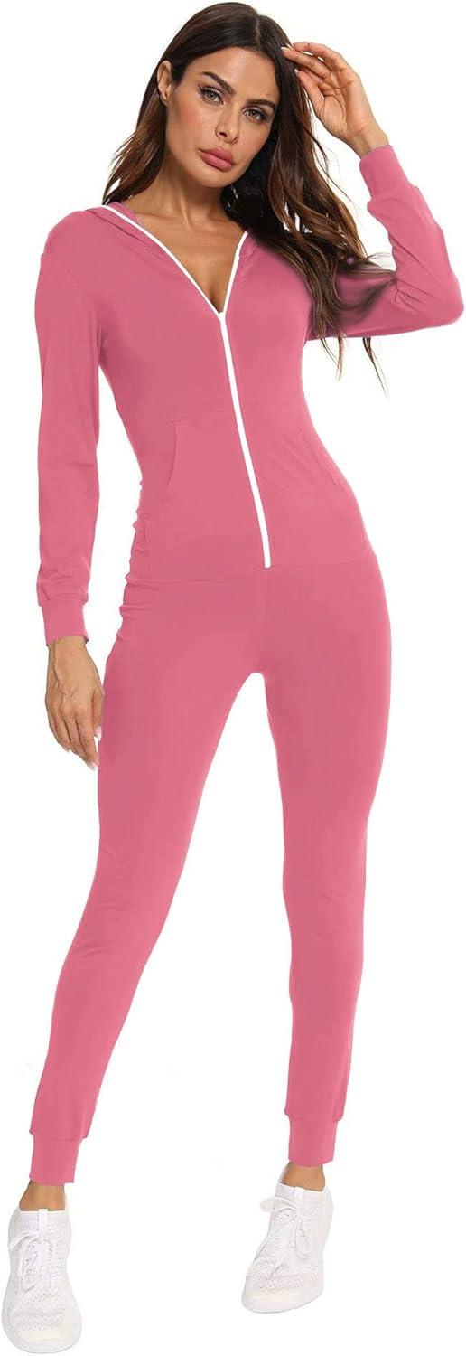 imageSWOMOG Womens Pajamas Jumpsuits Zipup Hoodie Union Jumpsuit Romper Long Sleeve Sexy Onesie Bodysuits One Piece SleepwearCoral