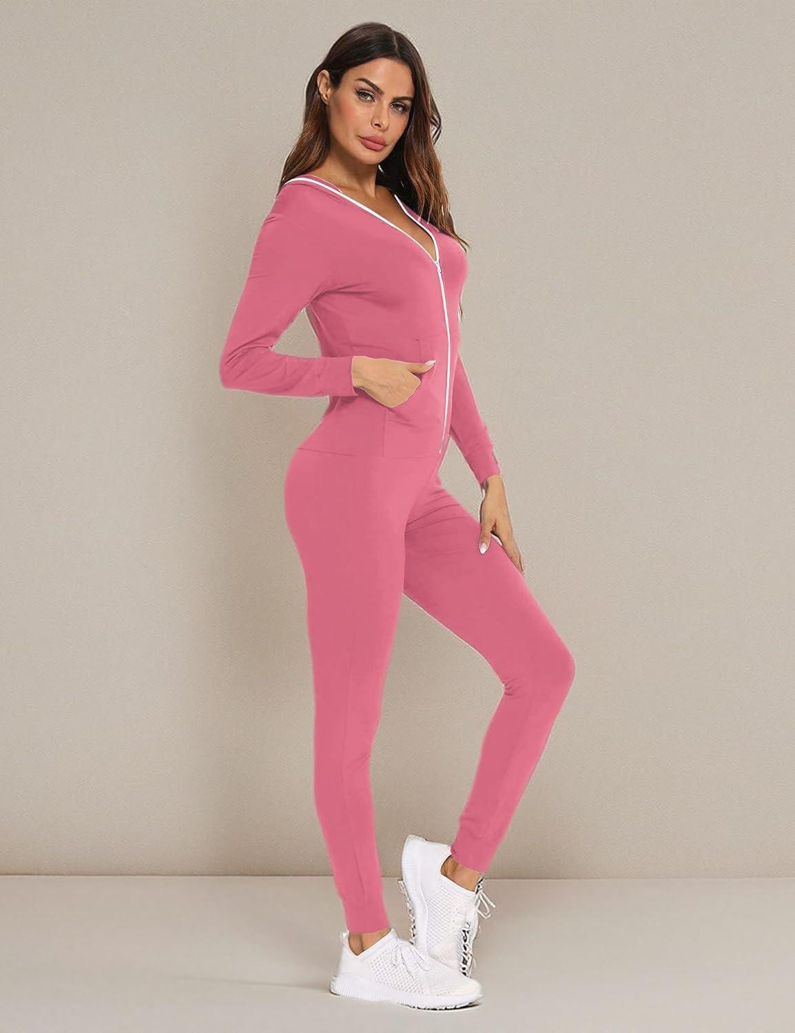 imageSWOMOG Womens Pajamas Jumpsuits Zipup Hoodie Union Jumpsuit Romper Long Sleeve Sexy Onesie Bodysuits One Piece SleepwearCoral