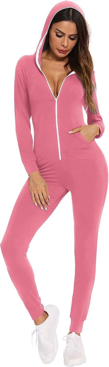 imageSWOMOG Womens Pajamas Jumpsuits Zipup Hoodie Union Jumpsuit Romper Long Sleeve Sexy Onesie Bodysuits One Piece SleepwearCoral