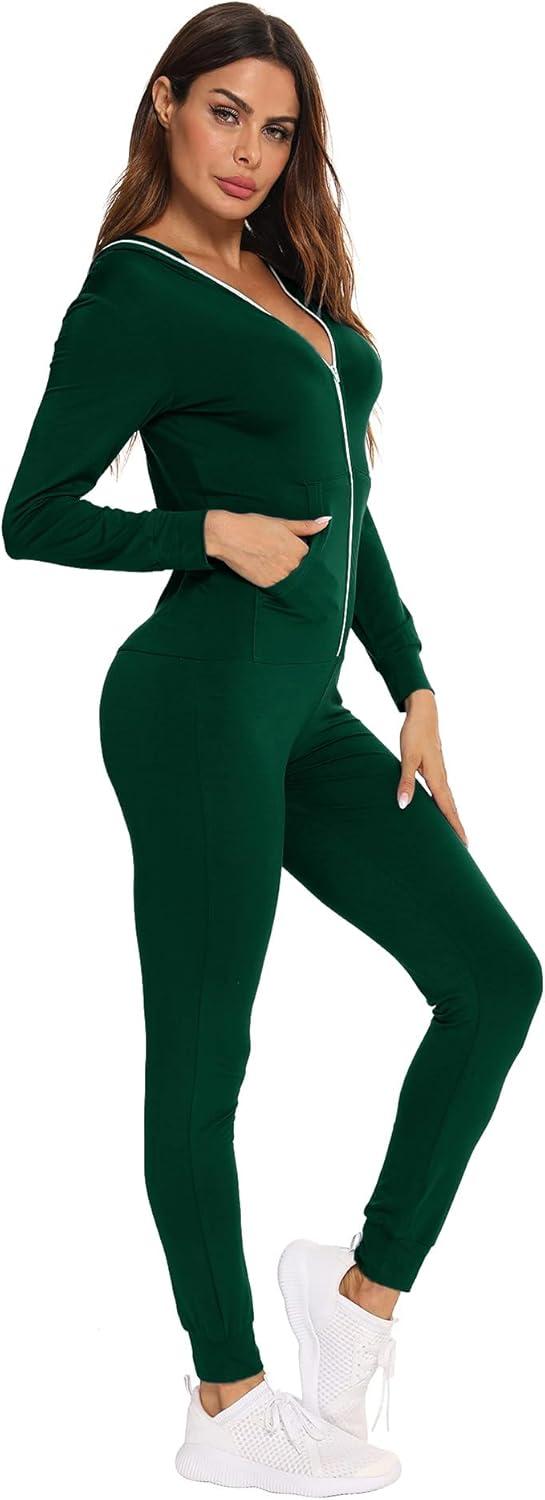 imageSWOMOG Womens Pajamas Jumpsuits Zipup Hoodie Union Jumpsuit Romper Long Sleeve Sexy Onesie Bodysuits One Piece SleepwearGreen