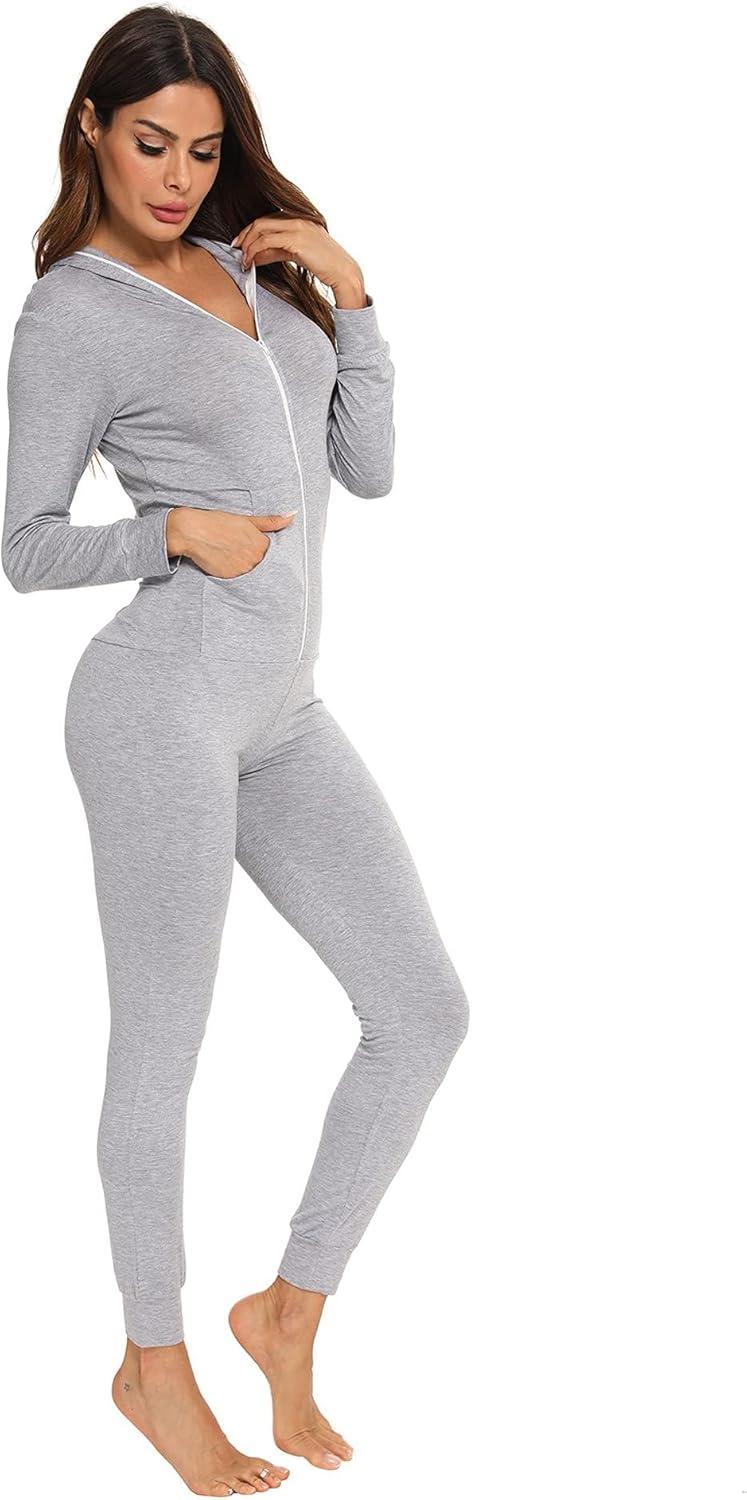 imageSWOMOG Womens Pajamas Jumpsuits Zipup Hoodie Union Jumpsuit Romper Long Sleeve Sexy Onesie Bodysuits One Piece SleepwearGrey