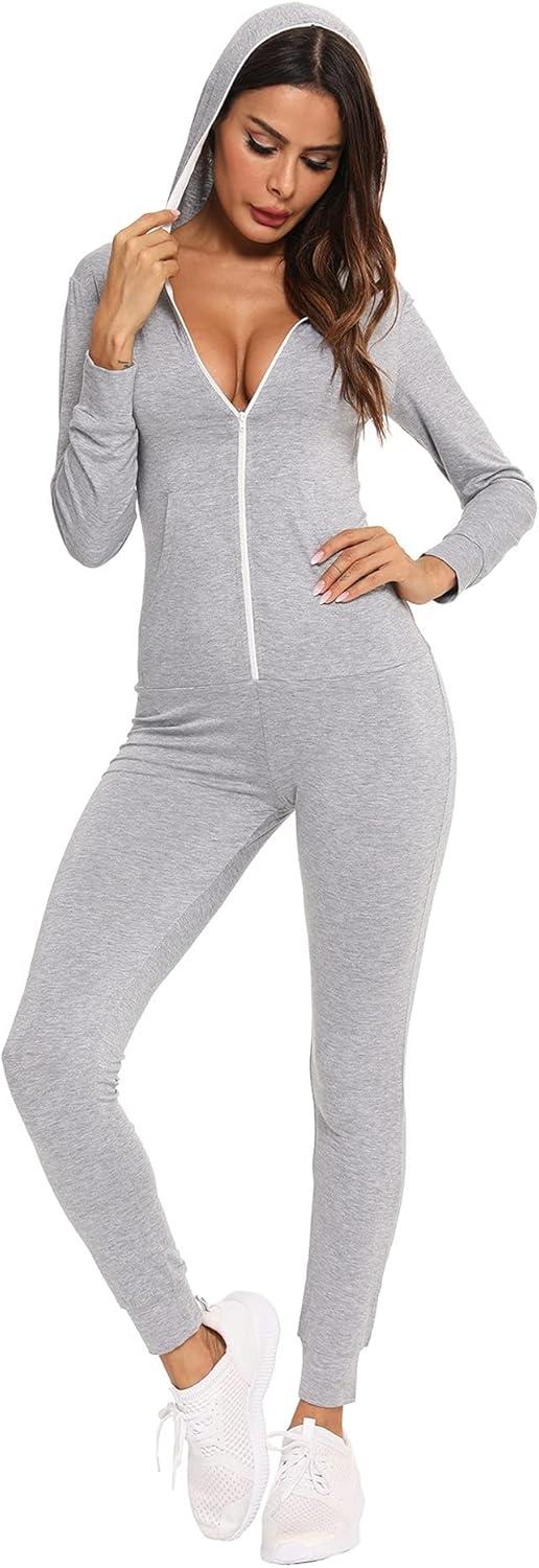 imageSWOMOG Womens Pajamas Jumpsuits Zipup Hoodie Union Jumpsuit Romper Long Sleeve Sexy Onesie Bodysuits One Piece SleepwearGrey