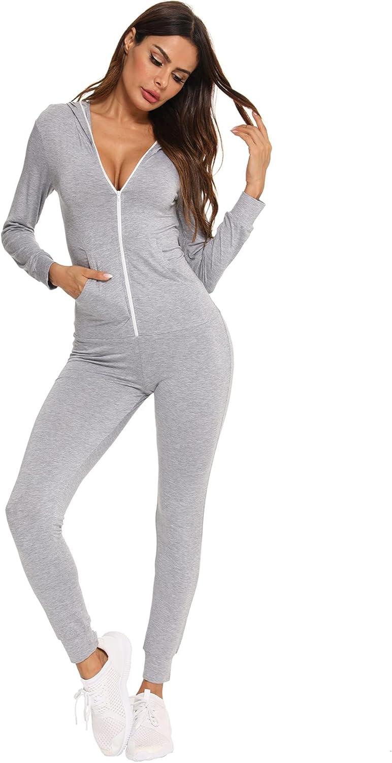 imageSWOMOG Womens Pajamas Jumpsuits Zipup Hoodie Union Jumpsuit Romper Long Sleeve Sexy Onesie Bodysuits One Piece SleepwearGrey