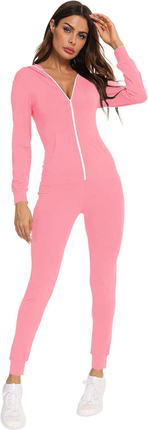 imageSWOMOG Womens Pajamas Jumpsuits Zipup Hoodie Union Jumpsuit Romper Long Sleeve Sexy Onesie Bodysuits One Piece SleepwearPeach Pink