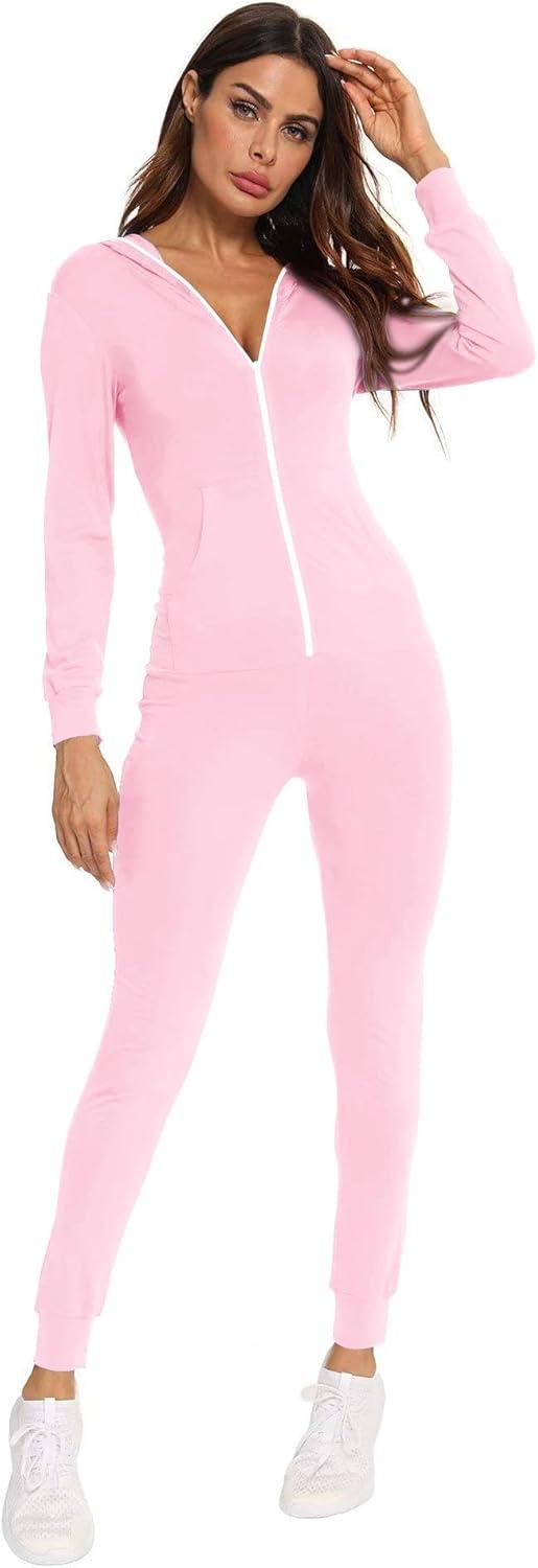 imageSWOMOG Womens Pajamas Jumpsuits Zipup Hoodie Union Jumpsuit Romper Long Sleeve Sexy Onesie Bodysuits One Piece SleepwearPink