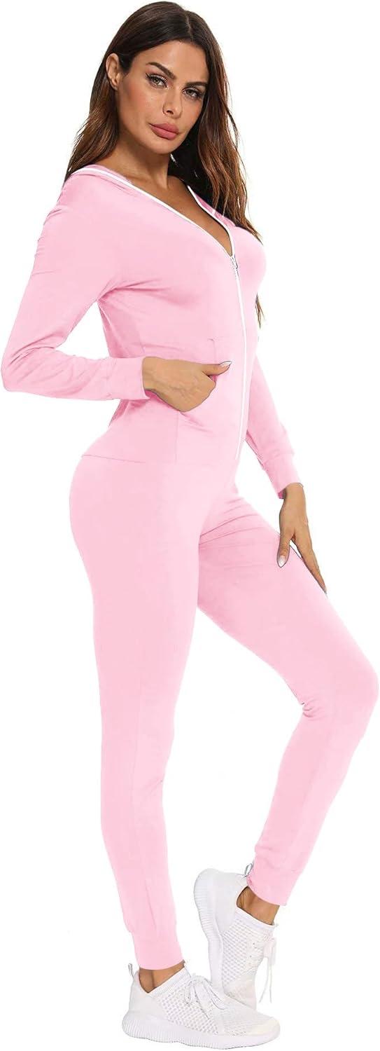 imageSWOMOG Womens Pajamas Jumpsuits Zipup Hoodie Union Jumpsuit Romper Long Sleeve Sexy Onesie Bodysuits One Piece SleepwearPink