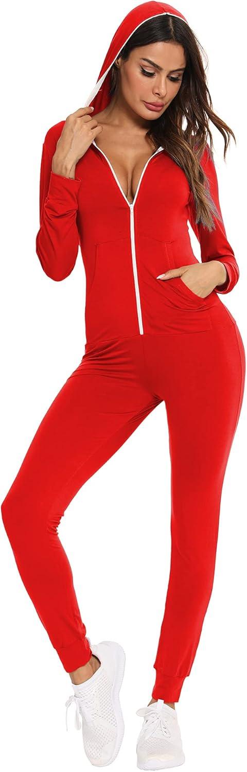imageSWOMOG Womens Pajamas Jumpsuits Zipup Hoodie Union Jumpsuit Romper Long Sleeve Sexy Onesie Bodysuits One Piece SleepwearRed