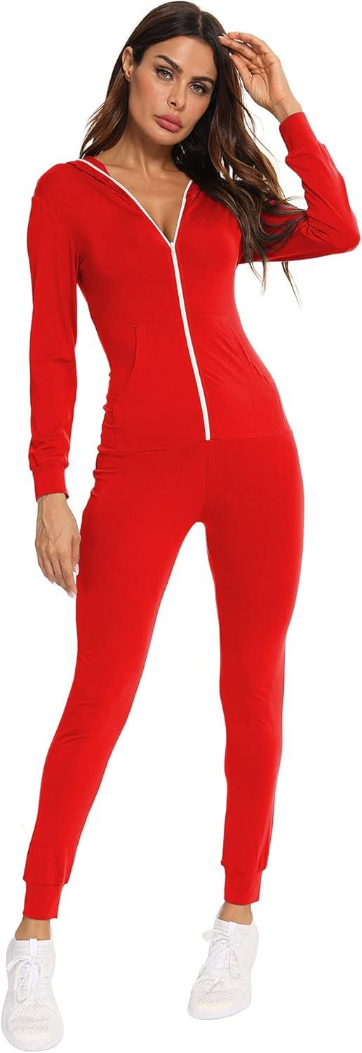 imageSWOMOG Womens Pajamas Jumpsuits Zipup Hoodie Union Jumpsuit Romper Long Sleeve Sexy Onesie Bodysuits One Piece SleepwearRed