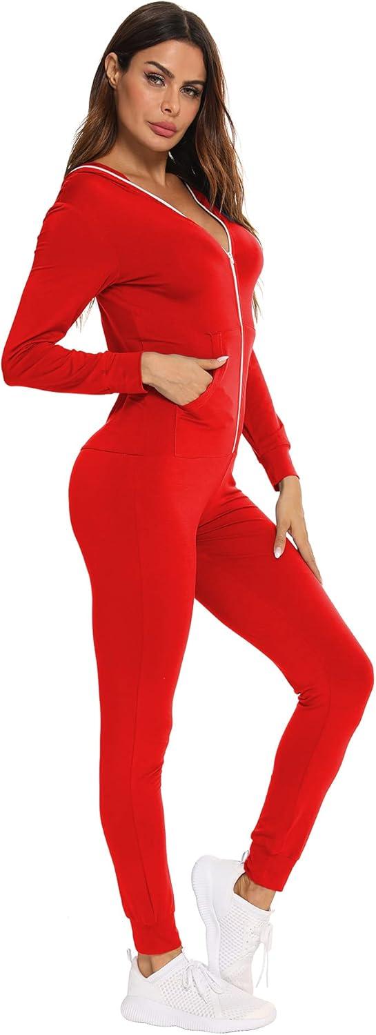 imageSWOMOG Womens Pajamas Jumpsuits Zipup Hoodie Union Jumpsuit Romper Long Sleeve Sexy Onesie Bodysuits One Piece SleepwearRed