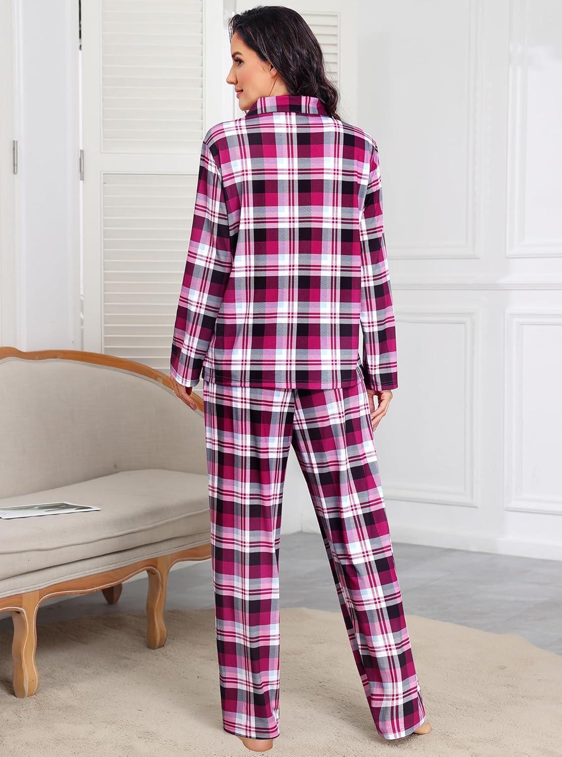 imageSWOMOG Womens Pajamas Set Long Sleeve Sleepwear Button Down Nightwear Soft Cotton Pj Lounge SetsBerry Plaid