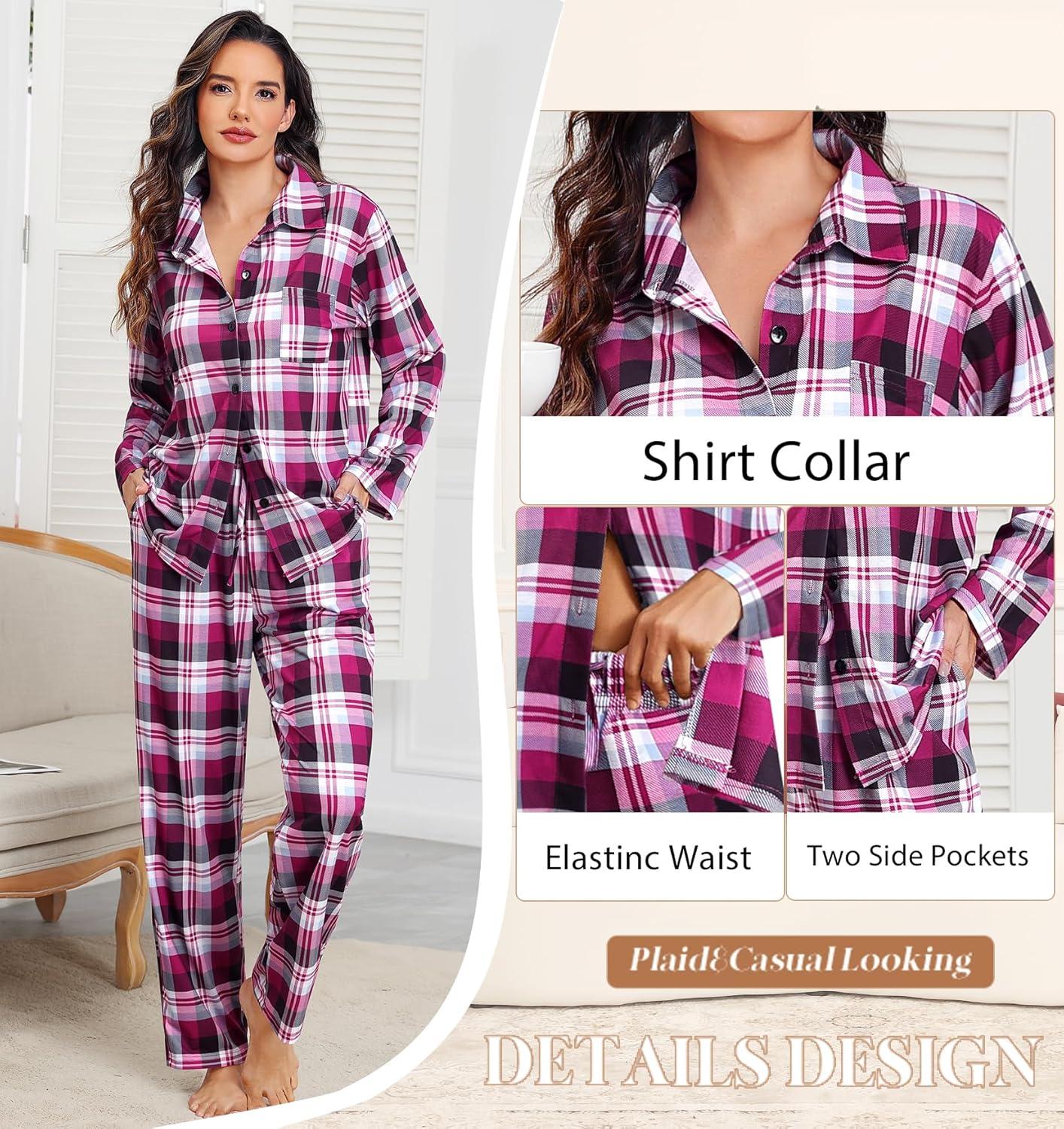 imageSWOMOG Womens Pajamas Set Long Sleeve Sleepwear Button Down Nightwear Soft Cotton Pj Lounge SetsBerry Plaid