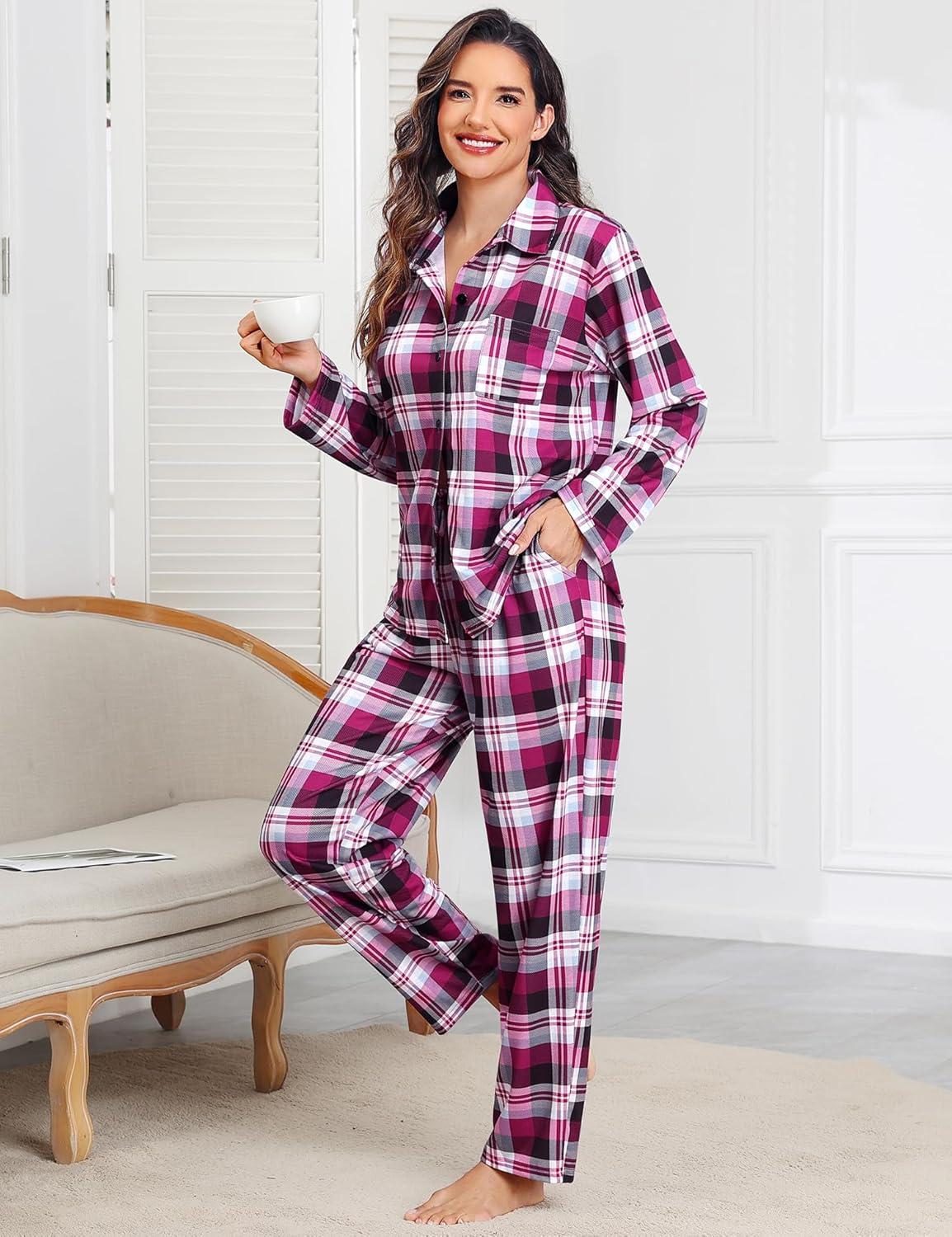 imageSWOMOG Womens Pajamas Set Long Sleeve Sleepwear Button Down Nightwear Soft Cotton Pj Lounge SetsBerry Plaid