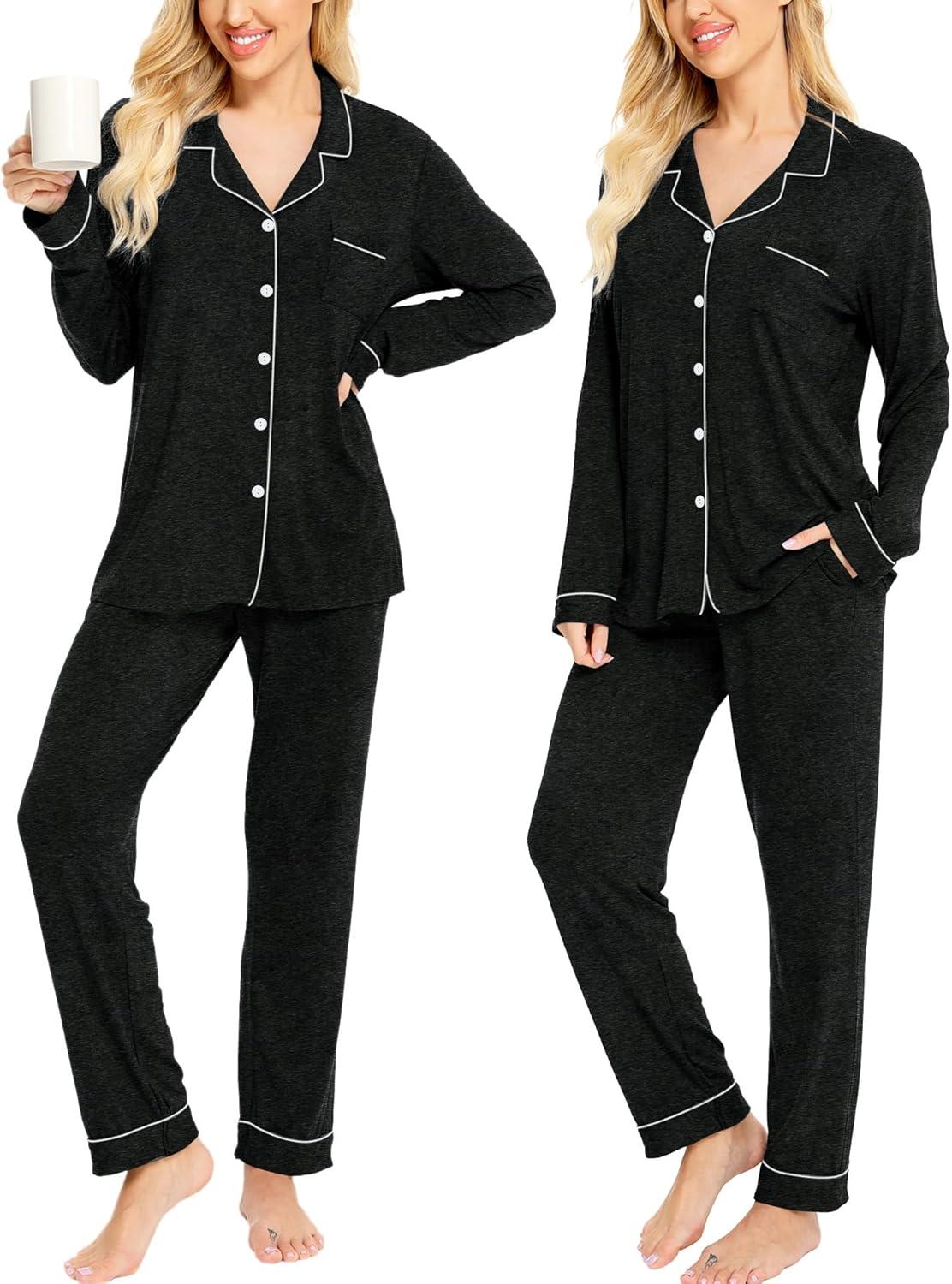 imageSWOMOG Womens Pajamas Set Long Sleeve Sleepwear Button Down Nightwear Soft Cotton Pj Lounge SetsBlack Grey