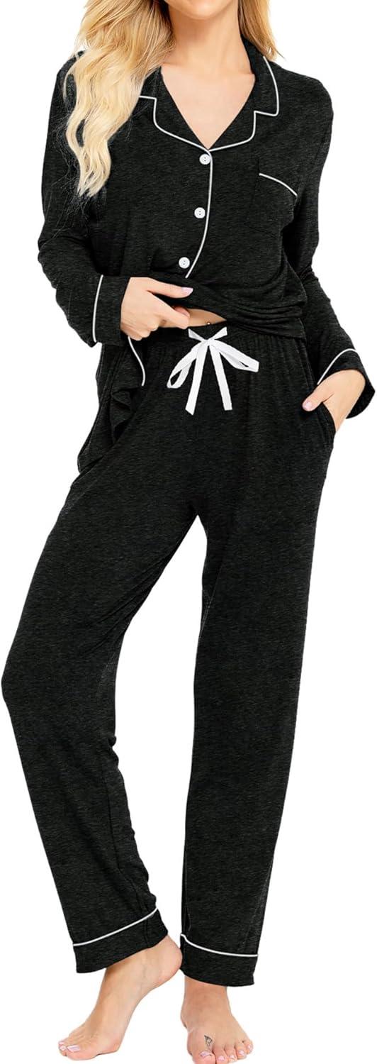 imageSWOMOG Womens Pajamas Set Long Sleeve Sleepwear Button Down Nightwear Soft Cotton Pj Lounge SetsBlack Grey