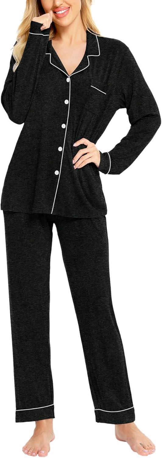 imageSWOMOG Womens Pajamas Set Long Sleeve Sleepwear Button Down Nightwear Soft Cotton Pj Lounge SetsBlack Grey