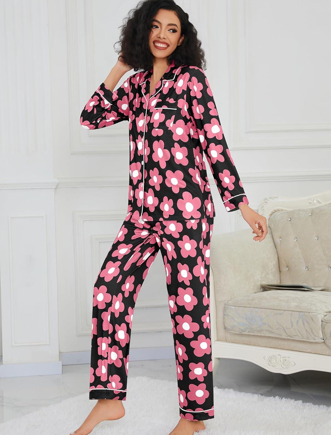 imageSWOMOG Womens Pajamas Set Long Sleeve Sleepwear Button Down Nightwear Soft Cotton Pj Lounge SetsBlack Rose Flower