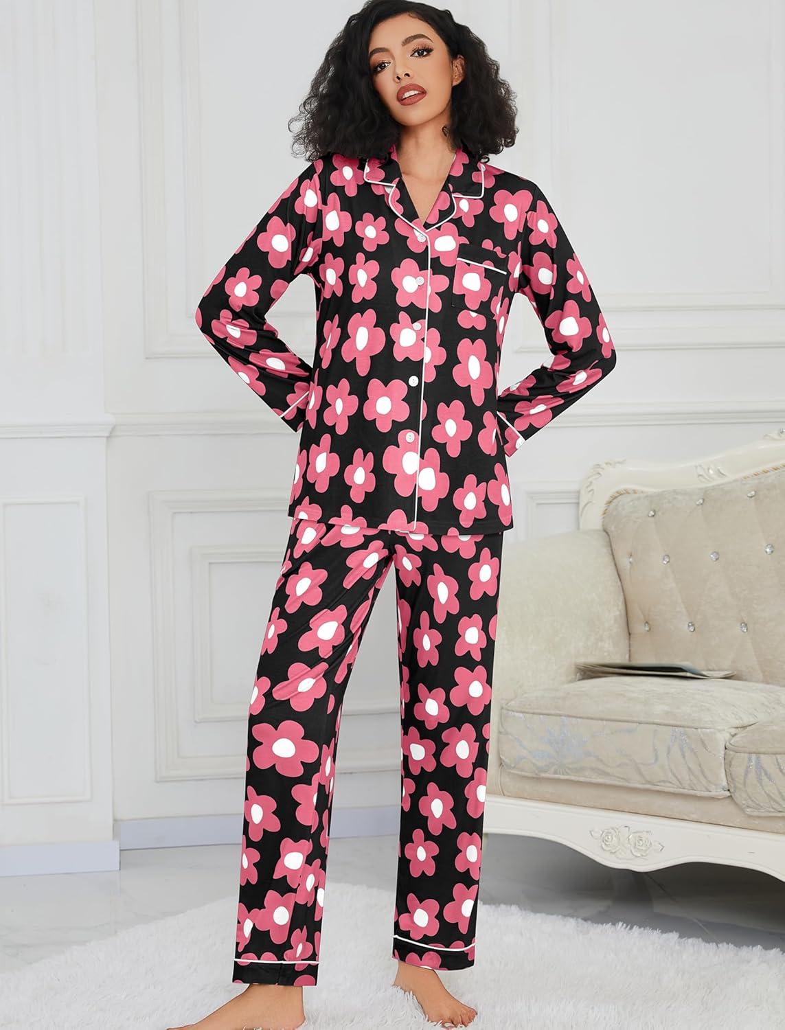 imageSWOMOG Womens Pajamas Set Long Sleeve Sleepwear Button Down Nightwear Soft Cotton Pj Lounge SetsBlack Rose Flower