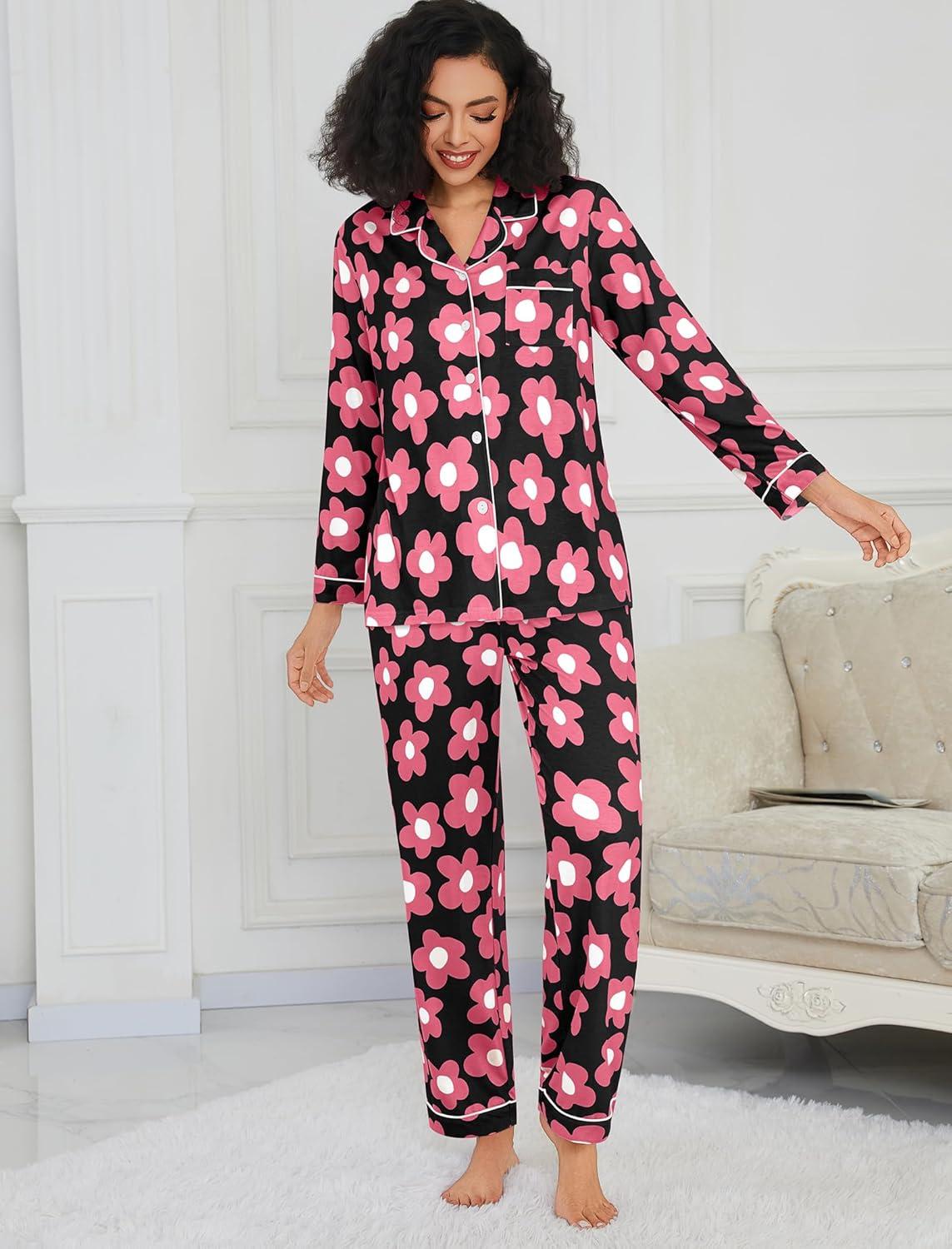 imageSWOMOG Womens Pajamas Set Long Sleeve Sleepwear Button Down Nightwear Soft Cotton Pj Lounge SetsBlack Rose Flower