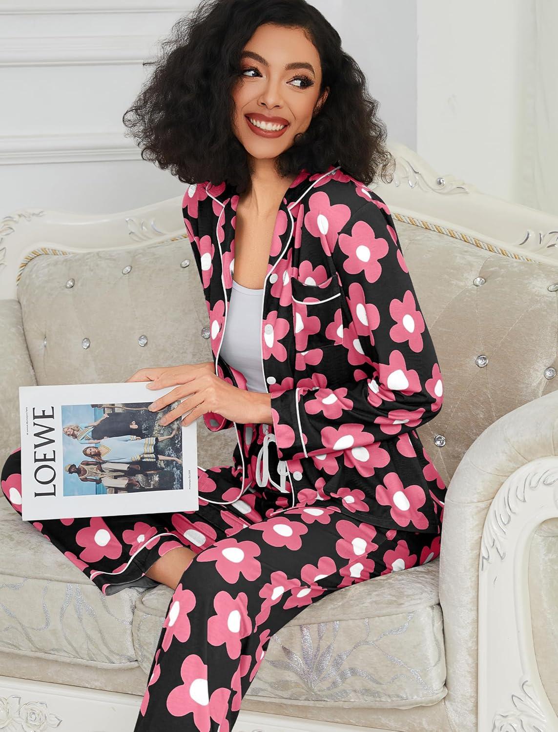 imageSWOMOG Womens Pajamas Set Long Sleeve Sleepwear Button Down Nightwear Soft Cotton Pj Lounge SetsBlack Rose Flower