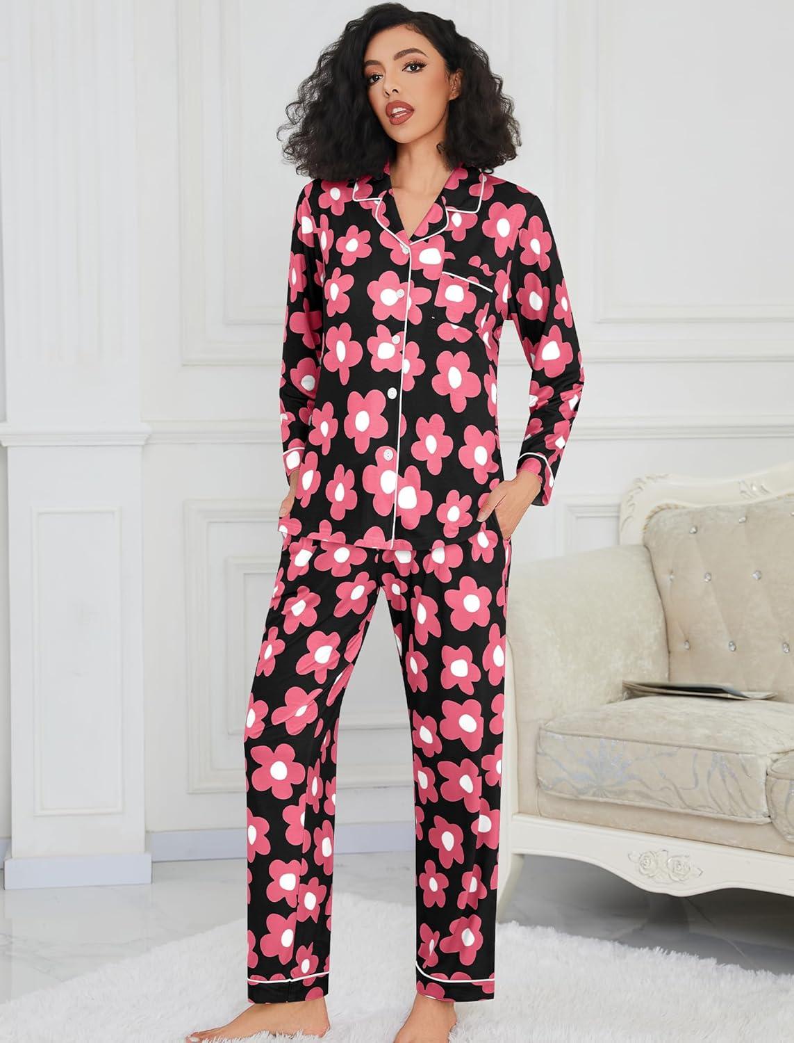 imageSWOMOG Womens Pajamas Set Long Sleeve Sleepwear Button Down Nightwear Soft Cotton Pj Lounge SetsBlack Rose Flower