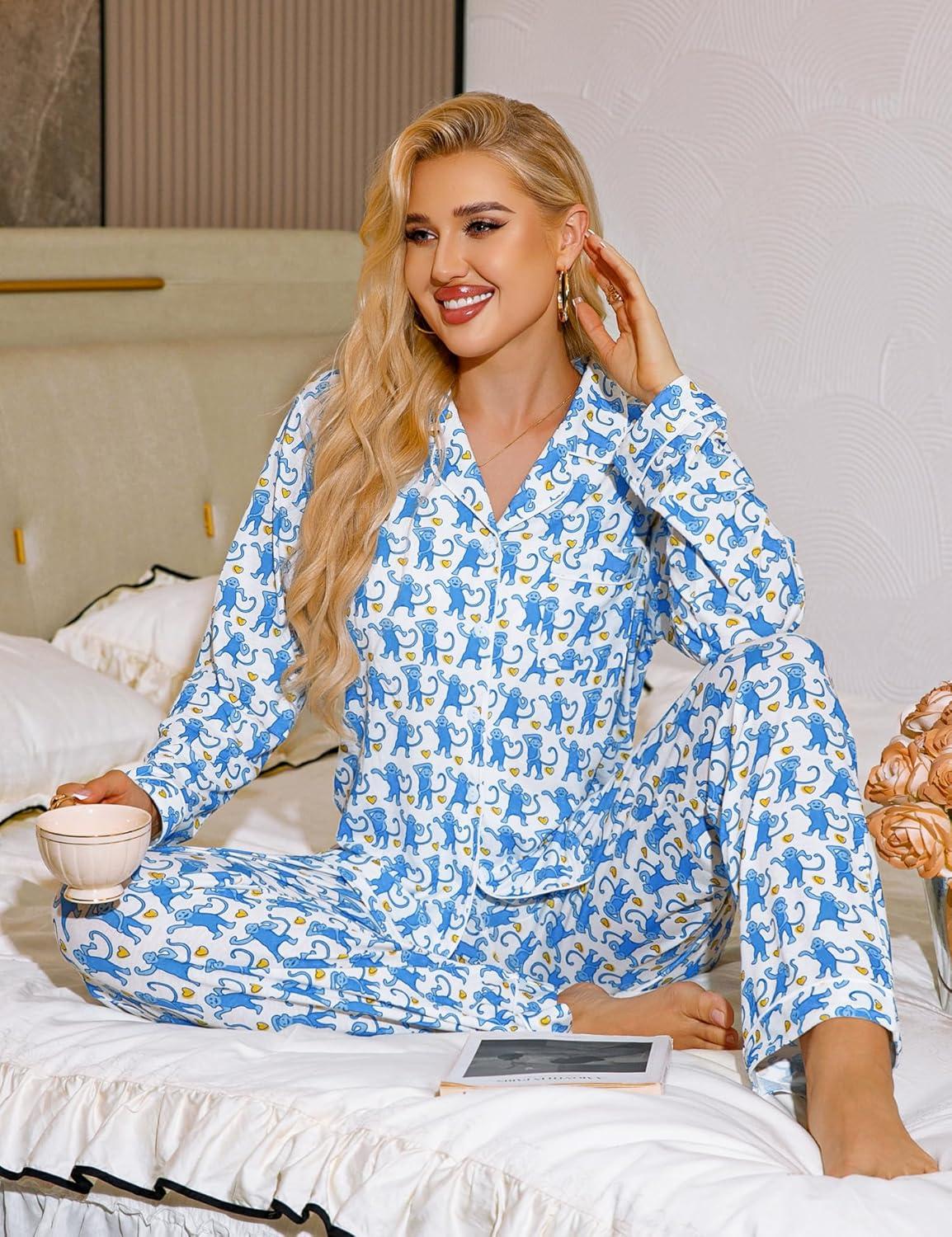 imageSWOMOG Womens Pajamas Set Long Sleeve Sleepwear Button Down Nightwear Soft Cotton Pj Lounge SetsBlue Money