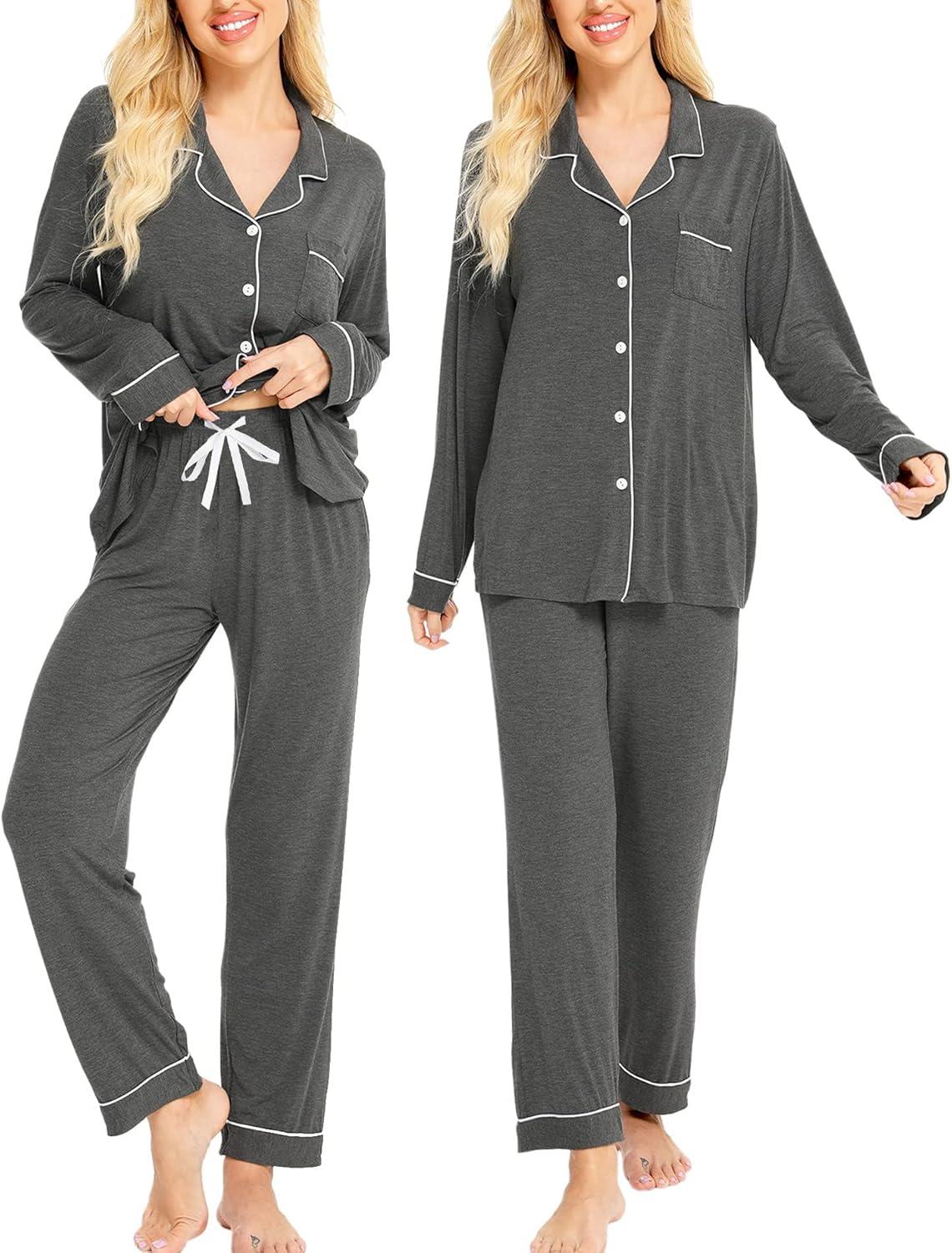 imageSWOMOG Womens Pajamas Set Long Sleeve Sleepwear Button Down Nightwear Soft Cotton Pj Lounge SetsDeep Grey