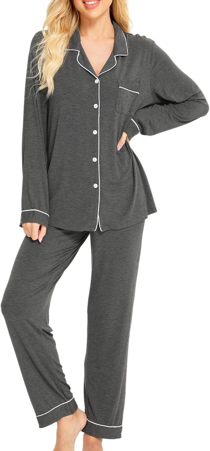 imageSWOMOG Womens Pajamas Set Long Sleeve Sleepwear Button Down Nightwear Soft Cotton Pj Lounge SetsDeep Grey
