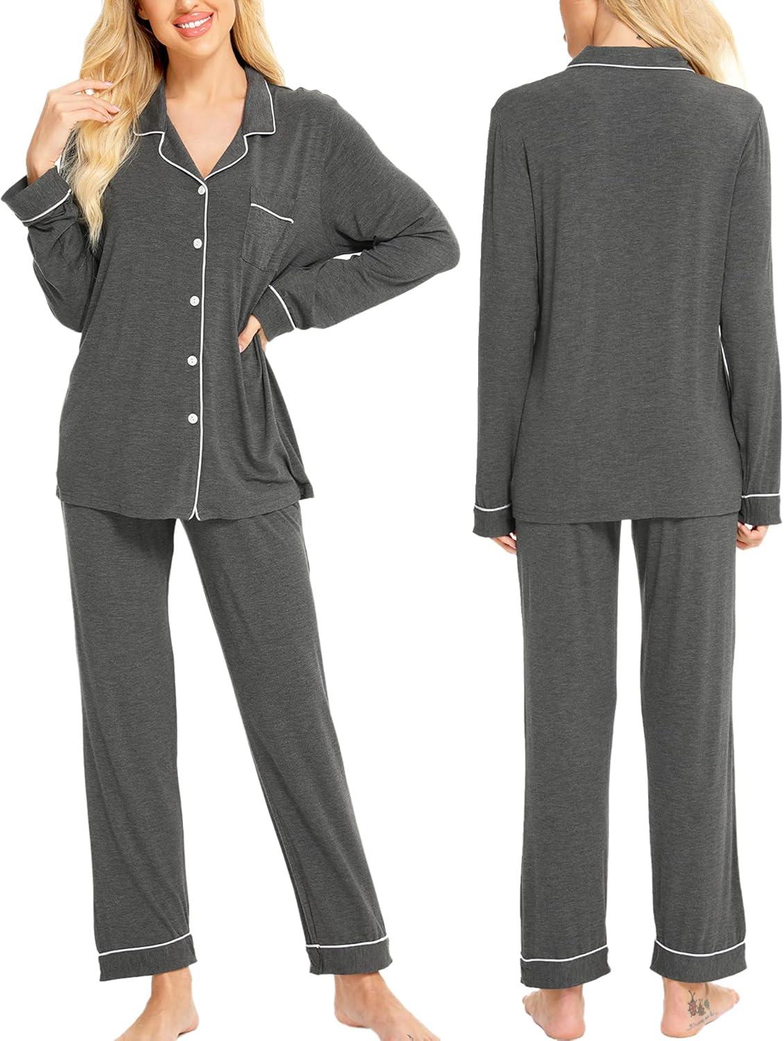 imageSWOMOG Womens Pajamas Set Long Sleeve Sleepwear Button Down Nightwear Soft Cotton Pj Lounge SetsDeep Grey