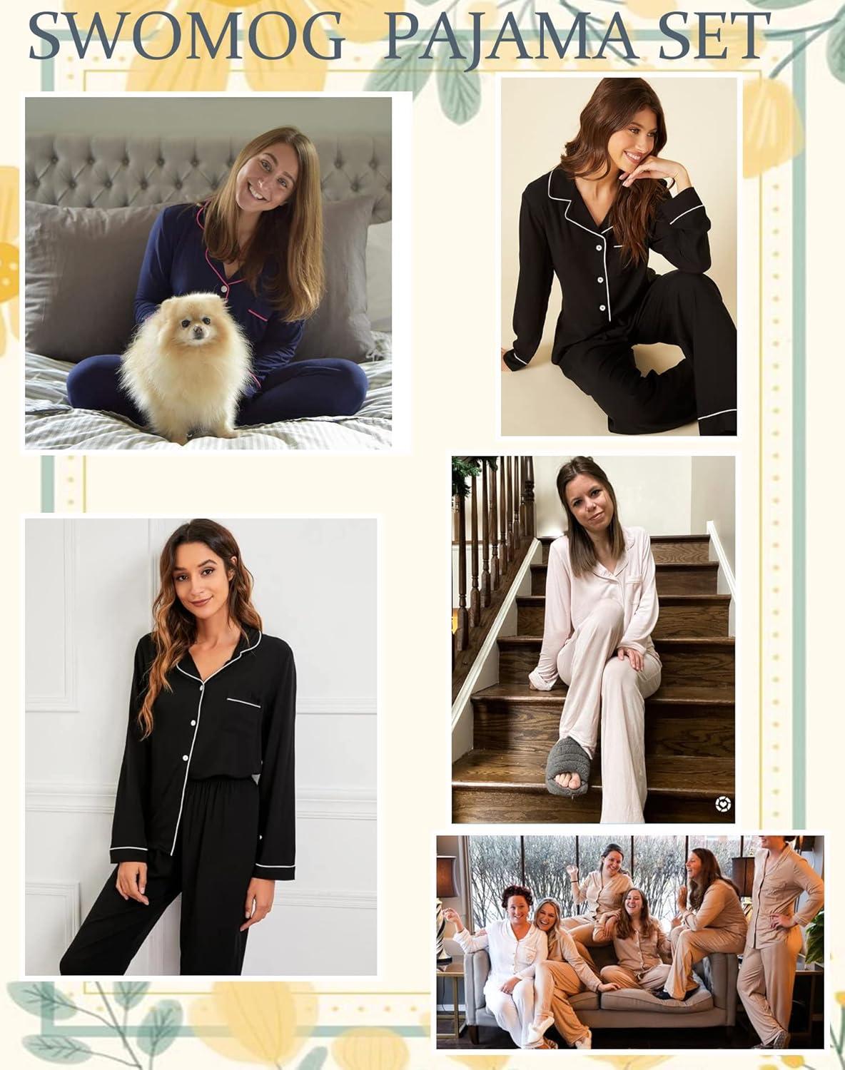 imageSWOMOG Womens Pajamas Set Long Sleeve Sleepwear Button Down Nightwear Soft Cotton Pj Lounge SetsGreen