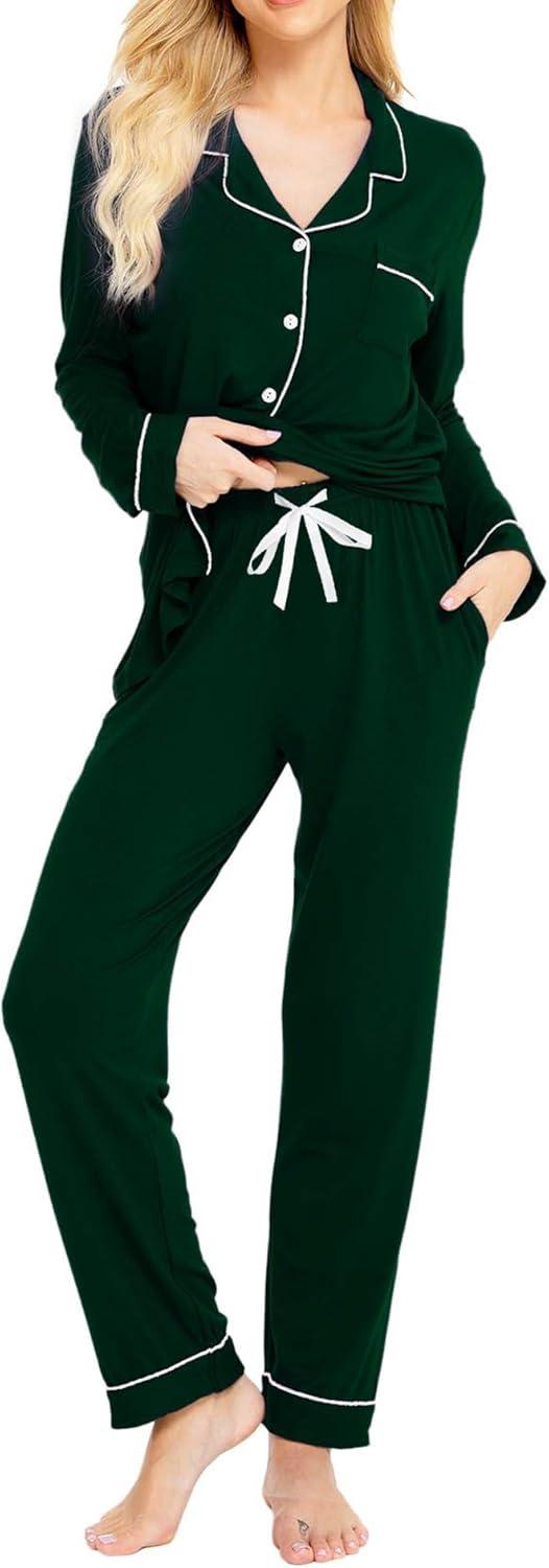 imageSWOMOG Womens Pajamas Set Long Sleeve Sleepwear Button Down Nightwear Soft Cotton Pj Lounge SetsGreen